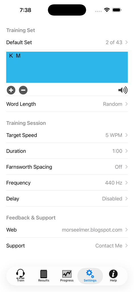 Morse Elmerアプリの設定画面。目標速度やFarnsworth間隔などのモールス信号の練習構成オプションが表示されています。