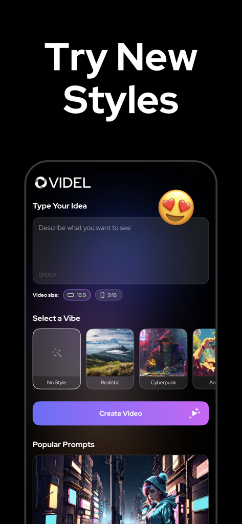 Videl app interface for creating AI videos with text prompts and visual style selection