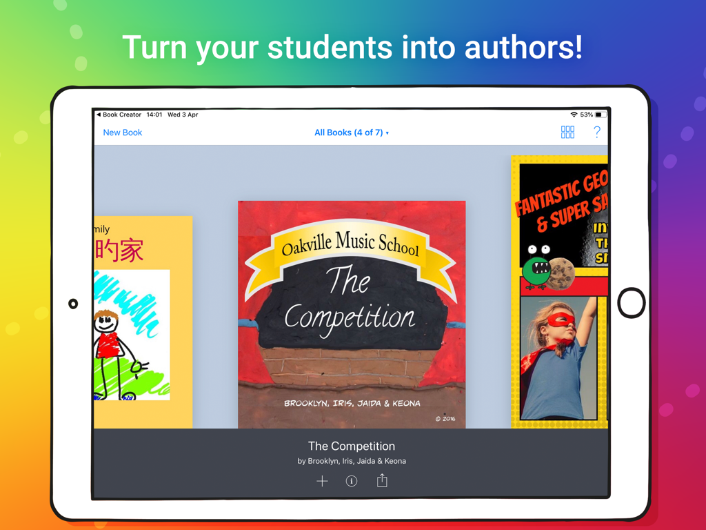 Book Creator One - Un iPad che mostra una libreria di libri digitali creativi realizzati da studenti nell'app Book Creator One