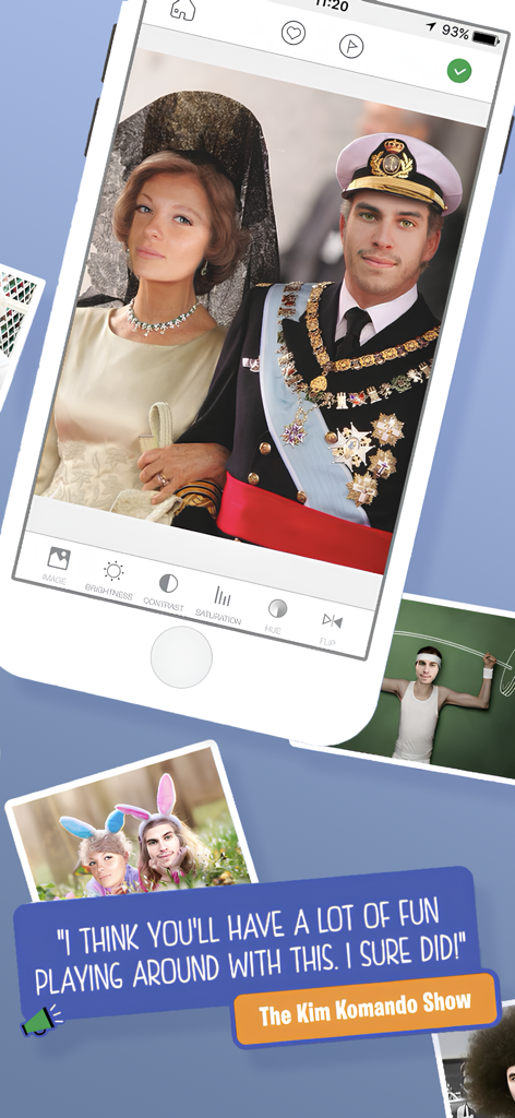 FACEinHOLE® - A mobile phone displaying the FACEinHOLE app with a funny royal couple scenario and a review from The Kim Komando Show