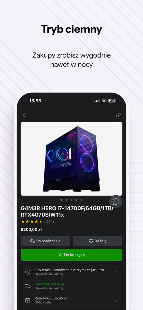 x-kom mobile app interface in dark mode showing a gaming PC