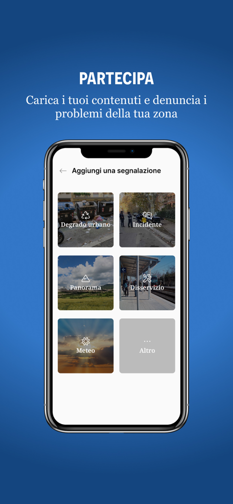 TorinoToday - Interface of the TorinoToday app showing options to report local issues such as urban decay, accidents, and service disruptions