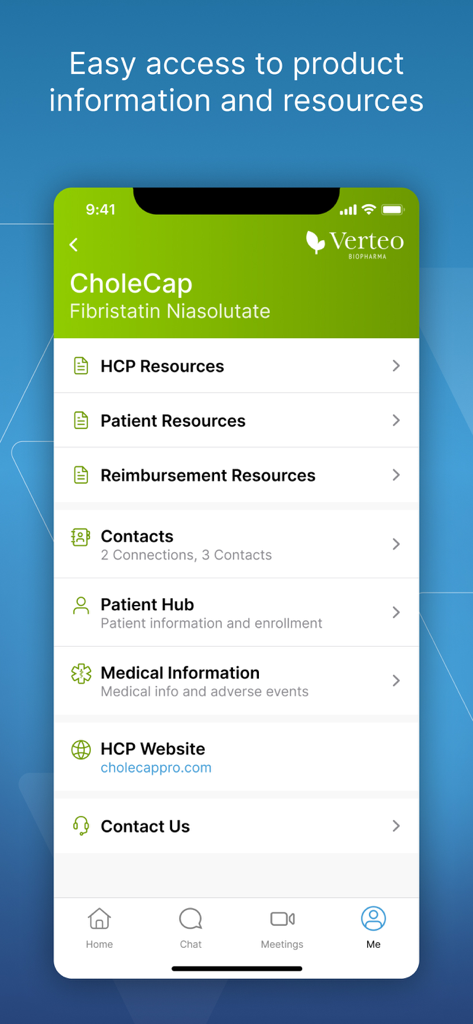 Interfaccia mobile dell'app Veeva Engage che mostra risorse per operatori sanitari e informazioni mediche per uno specifico prodotto farmaceutico.