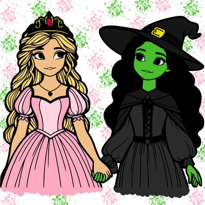 a princess and a witch holding hands realistic