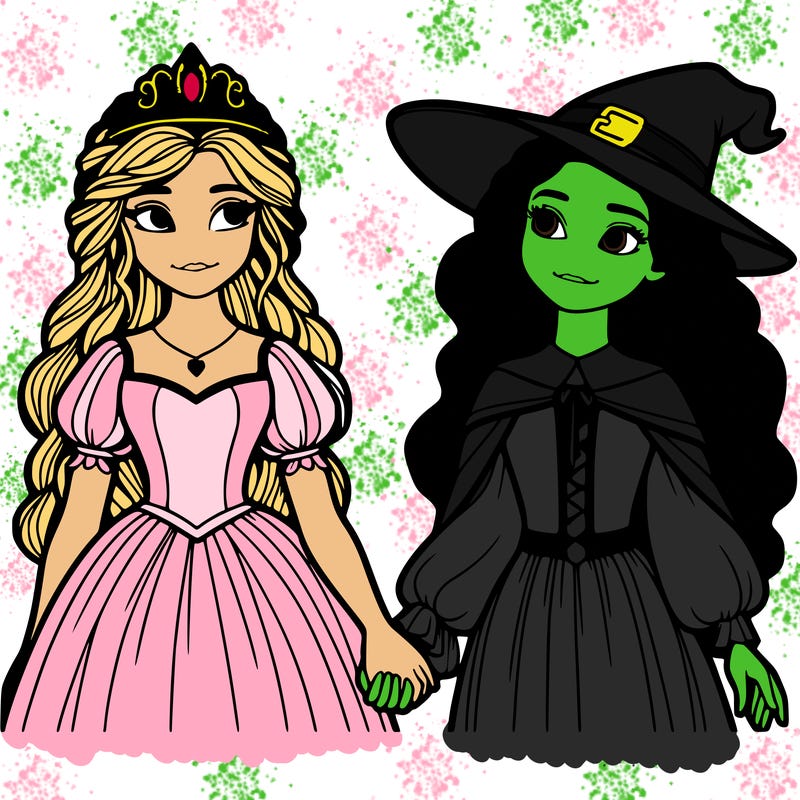 a princess and a witch holding hands realistic