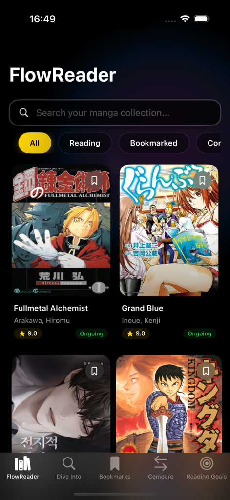 MangaBuddy app interface displaying a curated manga collection with ratings and progress tracking