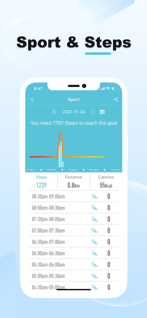 H Band Lite - H Band Lite app dashboard showing daily steps distance and calorie tracking data