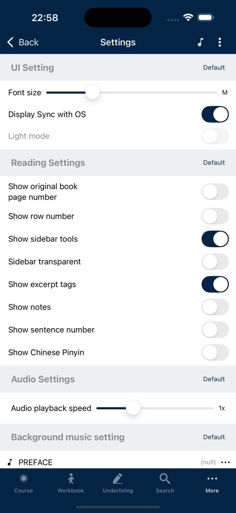 Interfaccia impostazioni dell'app UCIM che mostra le opzioni di visualizzazione e lettura