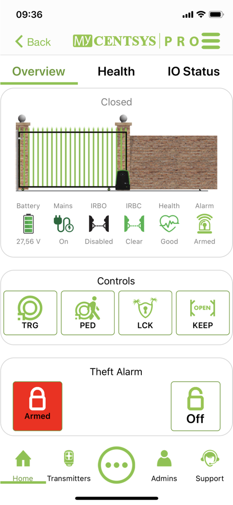 MyCentsys Pro - Overview screen of the MyCentsys Pro app displaying gate status, battery health, and security controls.