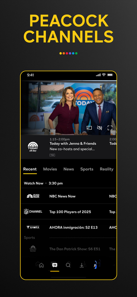 Peacock TV App-Oberfläche, die Live-Streaming-Kanäle wie Today und NBC News Now zeigt