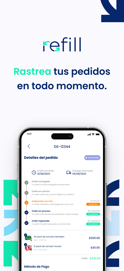 Interfaz de la aplicación móvil Refill mostrando seguimiento de pedidos de bebidas en tiempo real y actualizaciones de estado