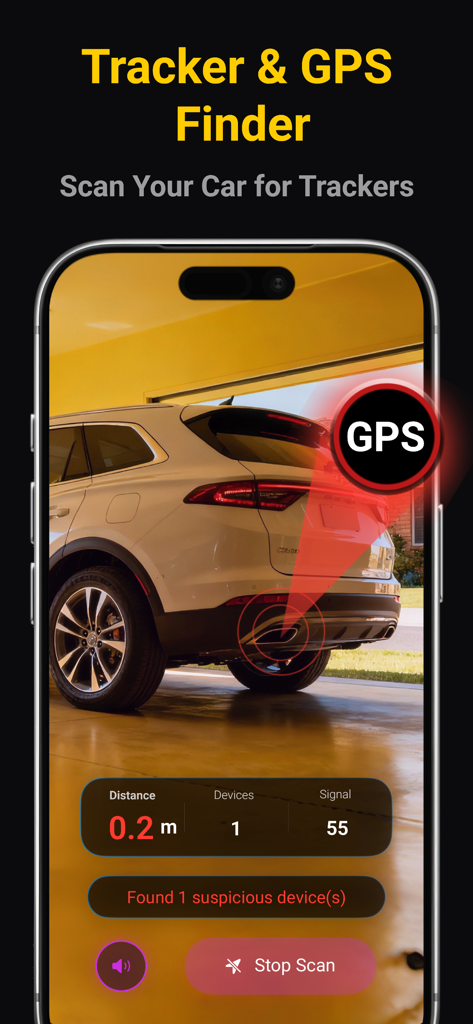 Vulk: Camera Tracker Detector - Vulk app scanning a vehicle to detect a hidden GPS tracking device