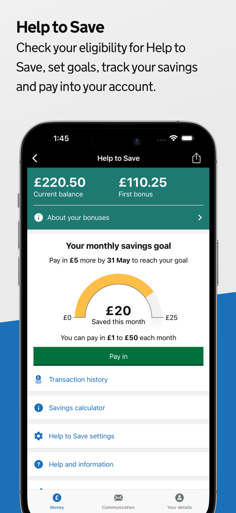 Uma captura de tela do aplicativo móvel da HMRC mostrando a tela Ajuda para Poupar (Help to Save) com o saldo atual, informações sobre bônus e um círculo de progresso da meta de economia mensal.