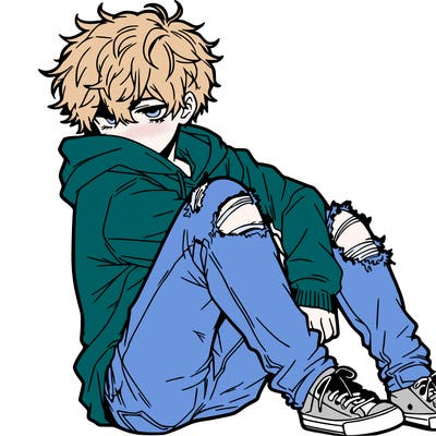 a male hoddie ripped jeans messy hair anime