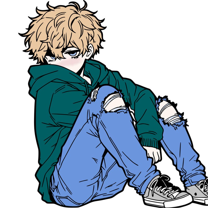 a male hoddie ripped jeans messy hair anime