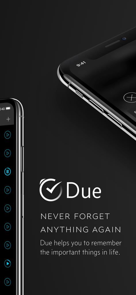 Due - Reminders & Timers - Logo do aplicativo Due e slogan Nunca Mais Esqueça Nada com capturas de tela do iPhone