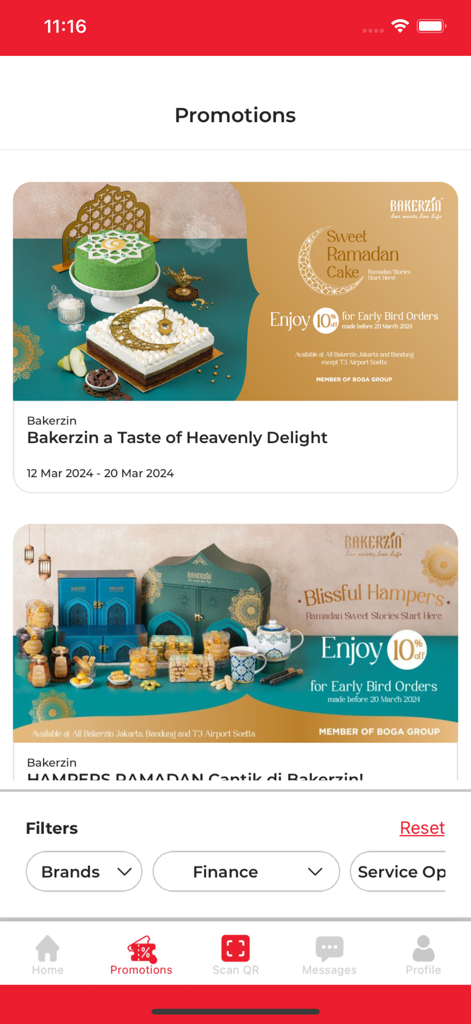 Page des promotions de l'application Boga présentant des offres et des récompenses de restaurants