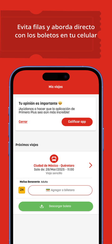 Pantalla de la aplicación Primera Plus que muestra un boleto de autobús digital de la Ciudad de México a Querétaro con opciones para agregar a la billetera o descargar.