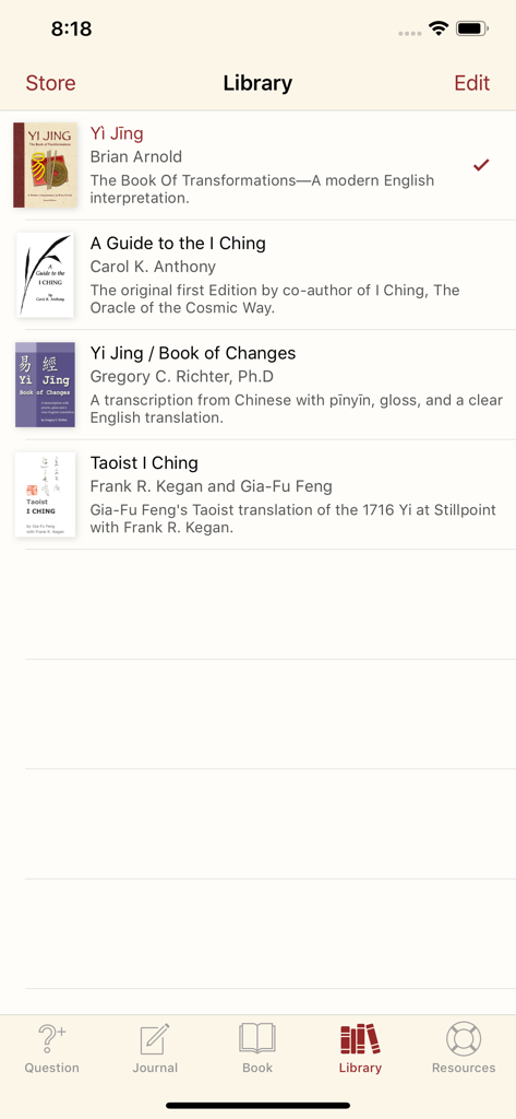 The library section of the Yi Jing app displaying various book translations
