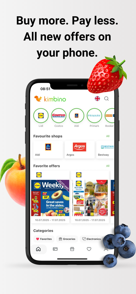 Kimbino − Weekly ads and Deals - Smartphone screen displaying the Kimbino app with various store logos and weekly promotional ads.