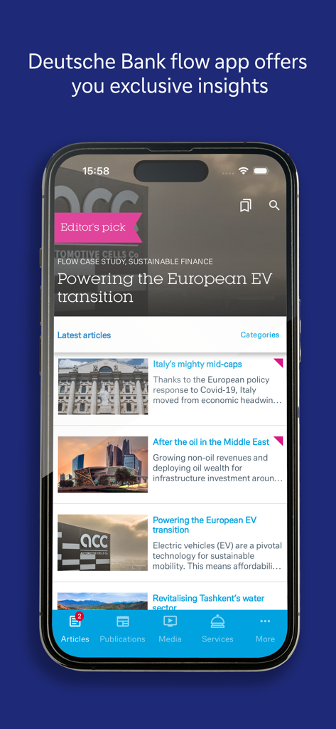 flow Deutsche Bank app interface showing a list of financial news and corporate banking articles.