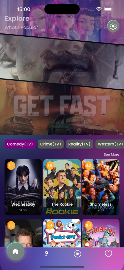 Schermata di esplorazione dell'app Reader Progre che mostra popolari serie TV e raccomandazioni di film con valutazioni.