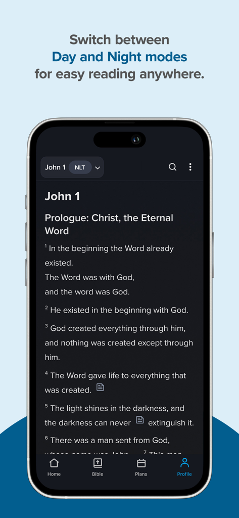 CBN Daily Devotional Bible App - The CBN Daily Devotional Bible App interface showing the night mode reading feature on an iPhone displaying scripture from John 1