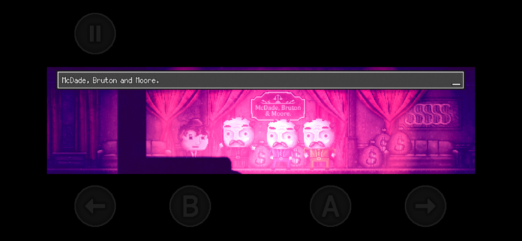 DISTRAINT - Deluxe Edition - A 2D pixel art scene in shades of purple showing the main character in the office of McDade Bruton and Moore