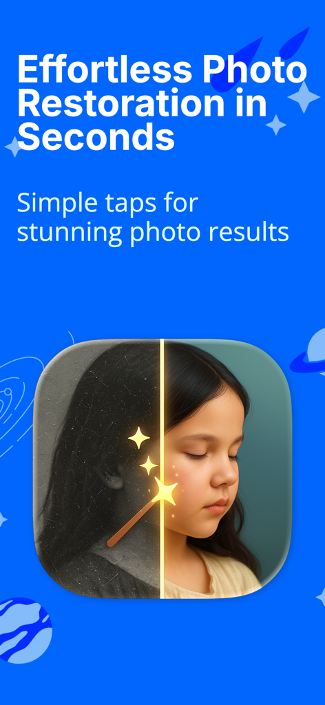 Family Photo Restore - Una comparación del antes y el después que muestra el retrato dañado en blanco y negro de una niña siendo restaurado en una imagen colorizada nítida usando la aplicación Restauración de Fotos Familiares.
