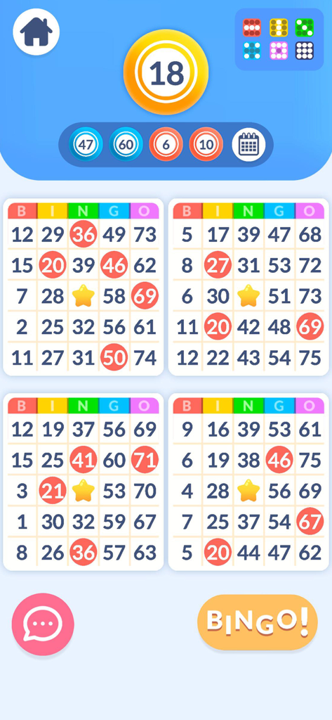 Bingo app interface displaying four cards with marked numbers and the ball number eighteen being called.