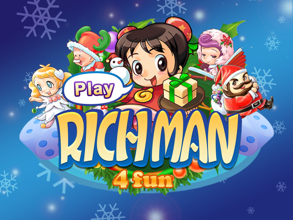 Richman 4 Fun HD main title screen featuring cute cartoon characters in a festive Christmas winter setting with snowflakes