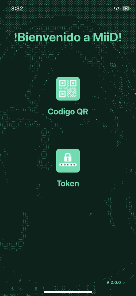 Écran d'accueil de l'application d'identité numérique MiiD avec code QR et options de jeton de sécurité
