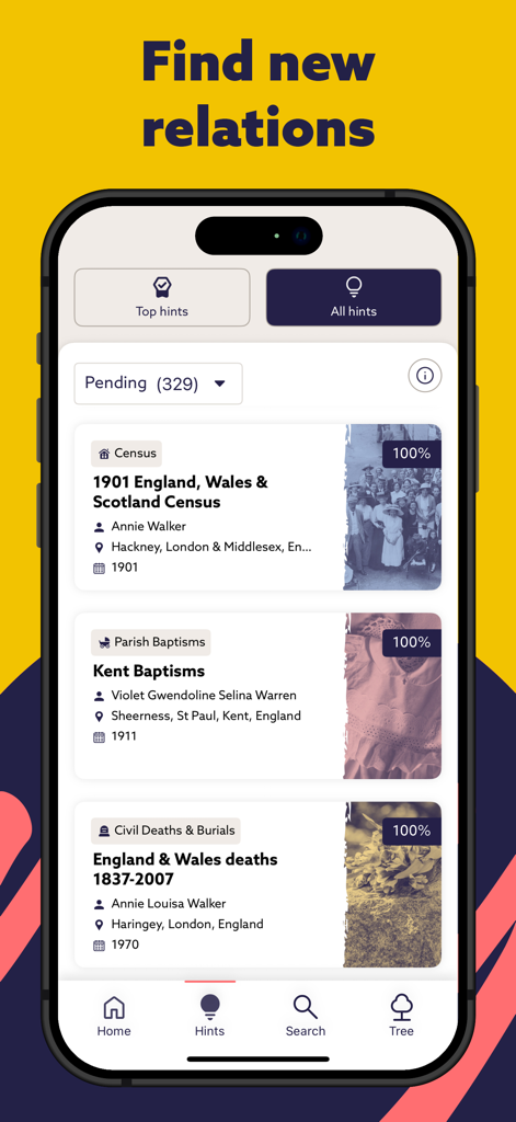 Findmypast - Findmypast mobile app interface displaying genealogical record hints for family tree research.