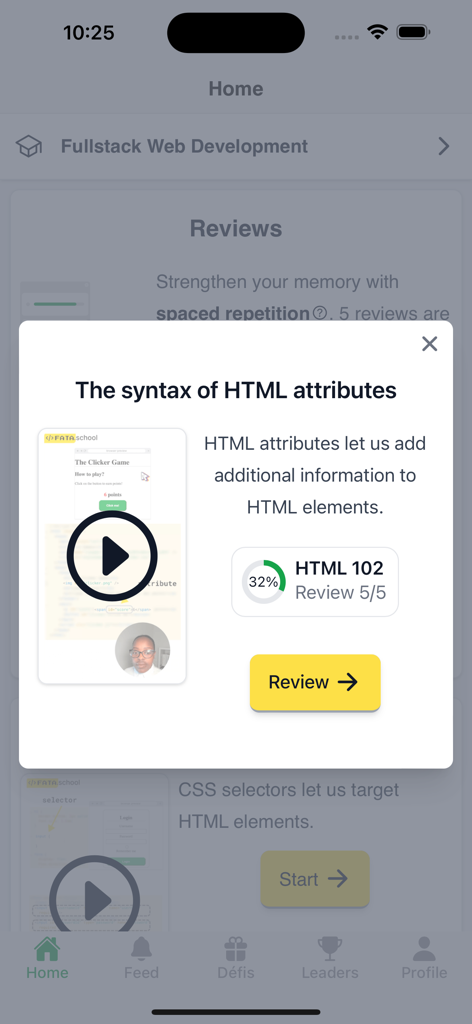 fata - A popup window in the fata app explaining the syntax of HTML attributes with a video preview and a review button.