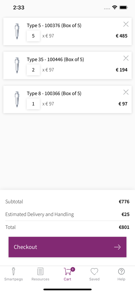 Vue du panier d'achat dans l'application Osstell SmartPegs montrant les produits dentaires sélectionnés et le coût total avec un bouton de paiement.