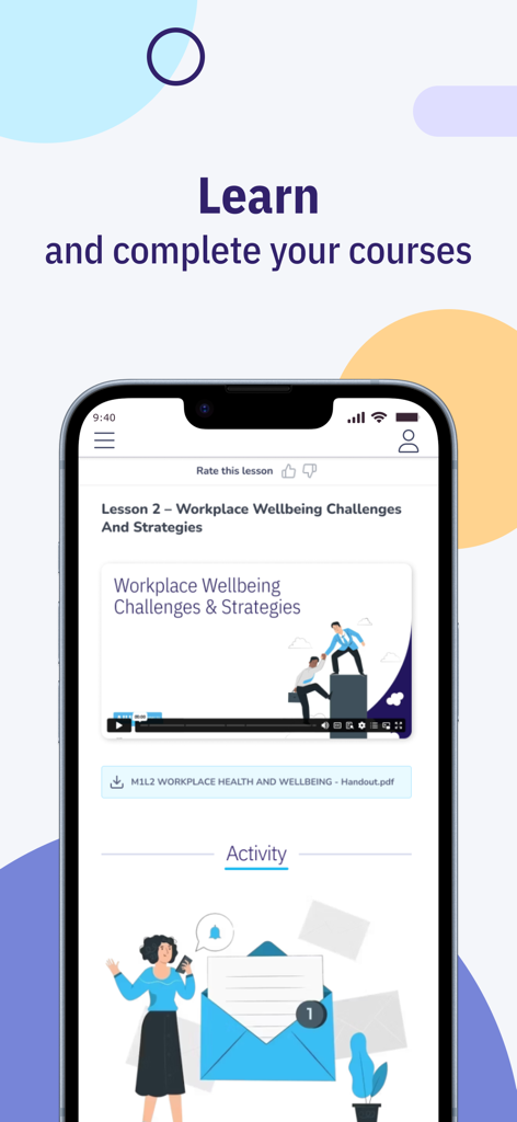 AIHR | Academy to Innovate HR - Interfaz de la aplicación móvil AIHR que muestra una lección de curso de RRHH sobre bienestar en el lugar de trabajo y estrategias de desarrollo profesional