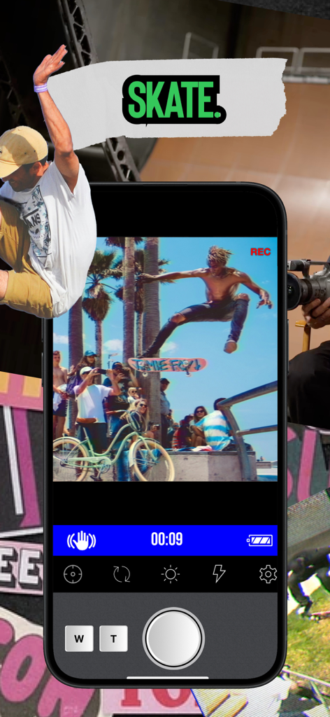 VX Skateboarding Camcorder - Smartphone screen showing the VX Skateboarding Camcorder app with a vintage lo-fi video of a skateboarder jumping.