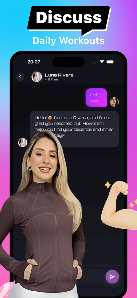 Fiti - Fit & Chat - Fiti app chat screen showing an AI fitness character named Luna Rivera