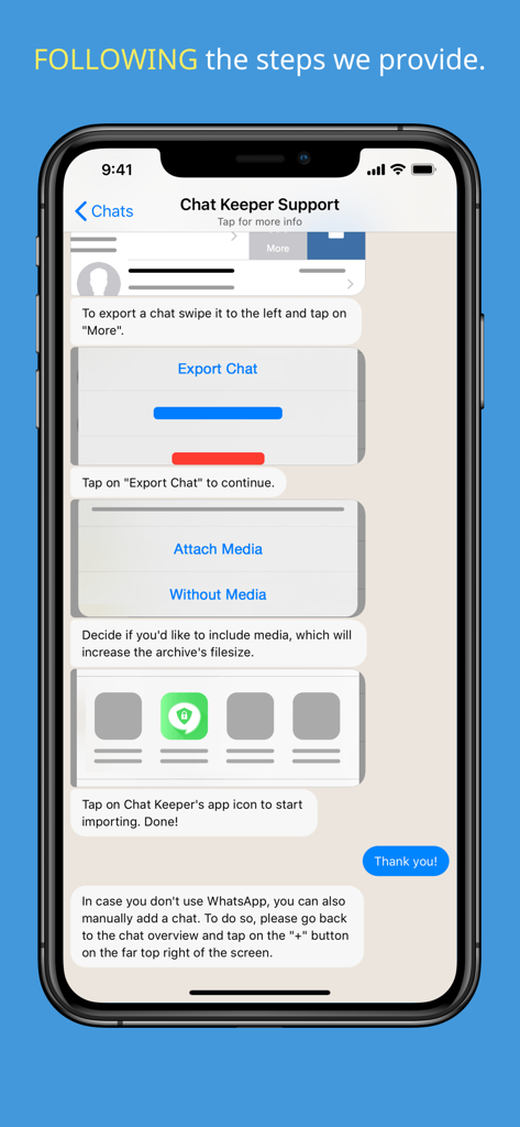 Chat Keeper - Step by step instructions on how to export WhatsApp chats into the Chat Keeper app