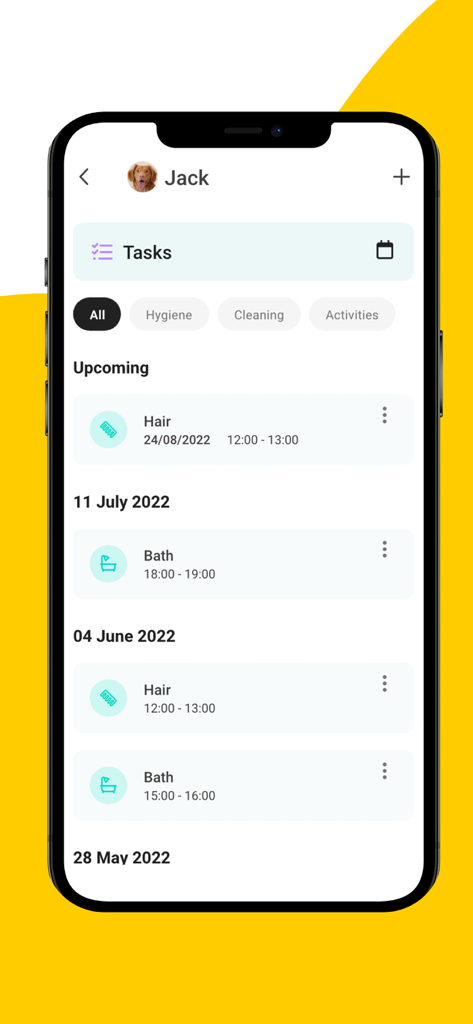 11pets: Pet Care - 11pets app screenshot displaying a scheduled list of pet grooming and hygiene tasks