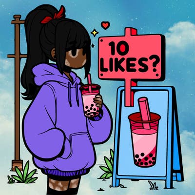 girl with oversized hoodie drinking boba and she has a high ponytail with a sign that says 10likes?