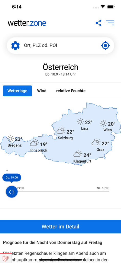 A weather map of Austria showing city temperatures and icons in the wetter.zone app.
