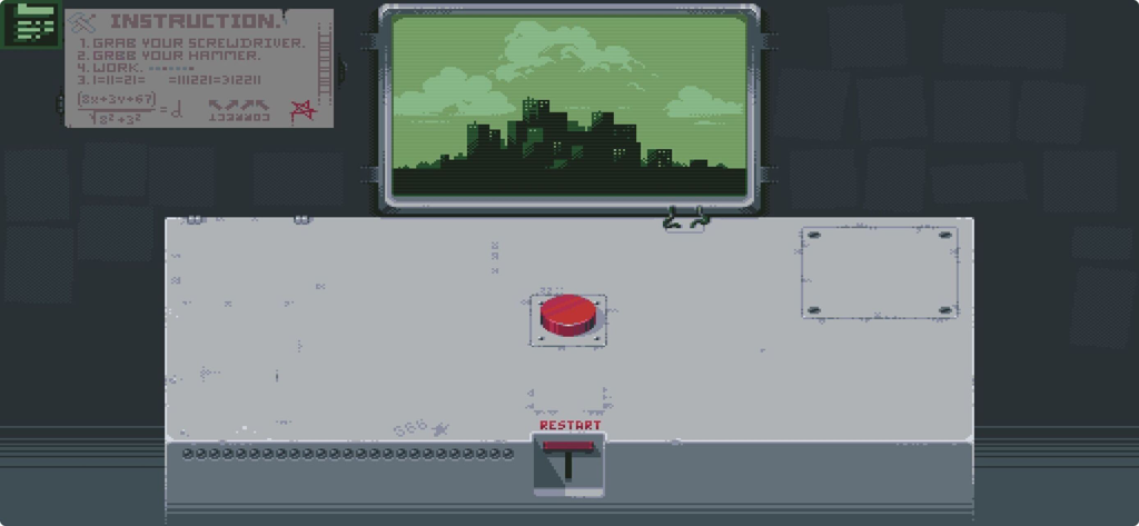 Please, Don't Touch Anything - Pixel art control panel with a central red button and a screen displaying a city skyline