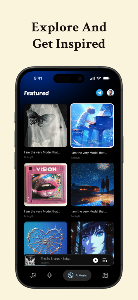 MusicLab: AI Song &Cover Maker - MusicLab app interface showing the explore screen with featured AI generated songs and artwork