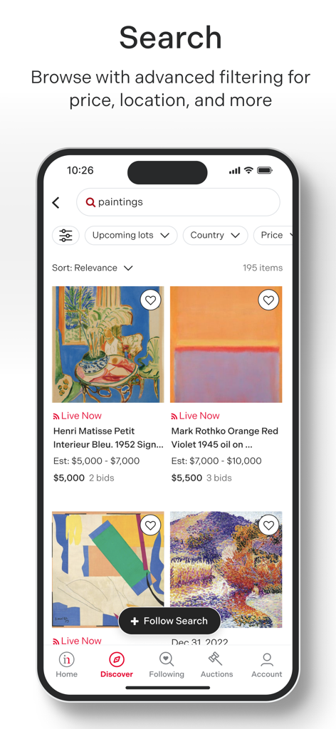 Invaluable Auctions: Bid Live - Invaluable App Suchbildschirm mit feinen Kunstgemälden und Filteroptionen für Preis und Standort