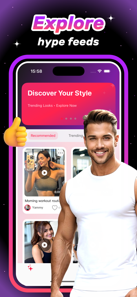 Swave - Video - Interface of the Swave app showing a trending fitness video feed with workout recommendations and creator profiles.
