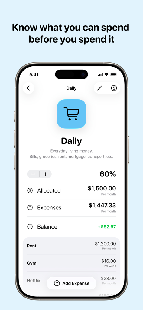 Barefoot Buckets - Barefoot Buckets app interface showing a 60 percent daily living expense allocation with a list of monthly bills like rent and gym
