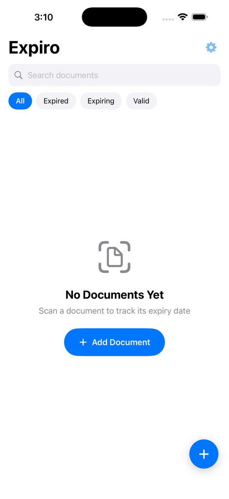 Expiro App - Expiro 앱 홈 화면, 비어 있는 상태에 '문서 추가' 버튼과 문서 상태 필터 표시
