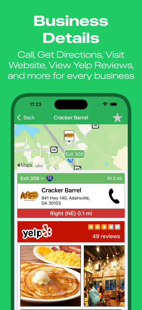 iExit Interstate Exit Guide - Business details screen for Cracker Barrel on the iExit app showing map location and Yelp reviews