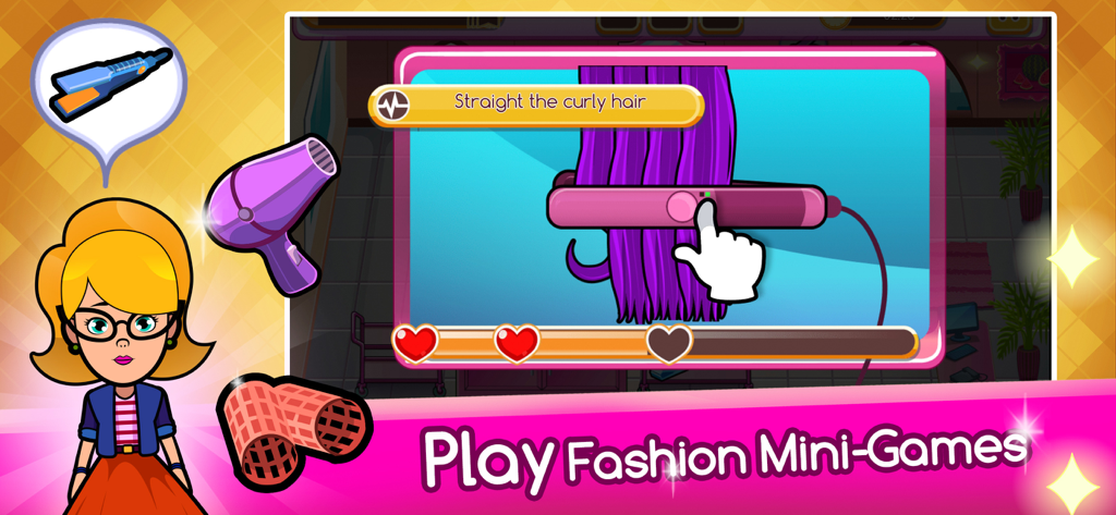 Top Beauty Salon: Hair Games - Gameplay screen of a fashion mini-game where purple hair is being straightened with a flat iron in Top Beauty Salon.